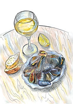 White wine, bread and mussels. Watercolor painting