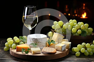 White Wine, Cheese Assortment, and Fresh Grapes - Cozy Atmosphere for a Perfect Evening