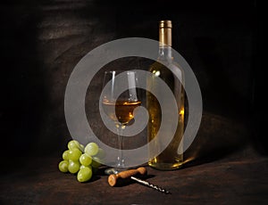 White wine on a dark background, in the style of Caravaggio paintings.