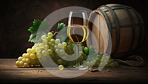 white wine in a figured glass and grapes on a barrel.rustic style