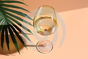 White wine glass on beige background with palm leaf shadow, glare at sun. Summer rest concept. Dry wine in glassware