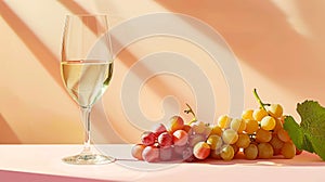 White wine in a glass bunches of yellow and red grapes. Sunlight shadows on pastel peachy background photo