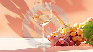 White wine in a glass bunches of yellow and red grapes. Sunlight shadows on pastel peachy background photo