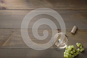 White wine in a glass, grapes and grape branches on the table