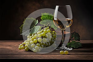 White wine in a glass and ripe grapes on wooden table. Generative AI