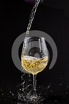 White wine glass, spilled wine, studio lighting