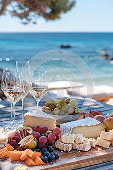 White wine in glasses, appetizers and grapes.