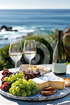 White wine in glasses, appetizers and grapes.