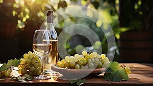 white wine in glasses, green grapes