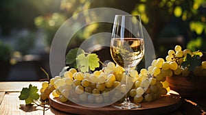 white wine in glasses, green grapes