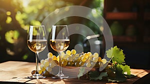 white wine in glasses, green grapes