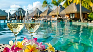 White wine in glasses with tropical coast, sandy beach and ocean in the background.