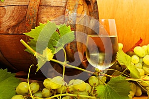 White wine with grapes and a wine barrel