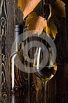 White wine and grapevine on an old wooden background