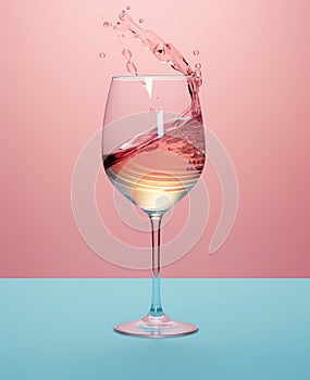 white wine or luxury champagne splashing on pastel pink and blue background, generative AI