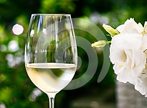 White wine in luxury restaurant on summer garden terrace, wine tasting experience at winery in the vineyard, gourmet