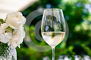 White wine in luxury restaurant on summer garden terrace, wine tasting experience at winery in the vineyard, gourmet