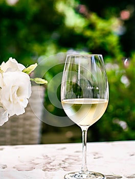 White wine in luxury restaurant on summer garden terrace, wine tasting experience at winery in the vineyard, gourmet