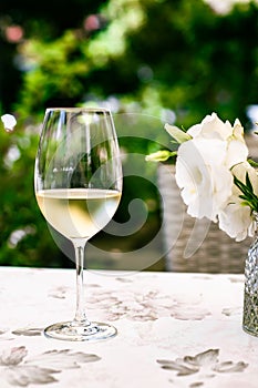 White wine in luxury restaurant on summer garden terrace, wine tasting experience at winery in the vineyard, gourmet