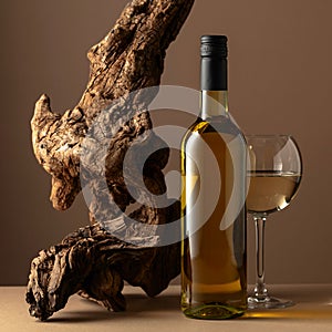 White wine and old snag on a beige background