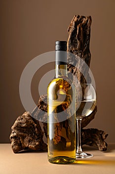 White wine and old snag on a beige background