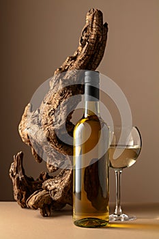White wine and old snag on a beige background