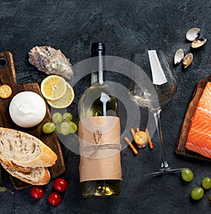 White wine Pinot Grigio with seafood and snacks