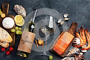 White wine Pinot Grigio with seafood and snacks