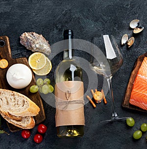 White wine Pinot Grigio with seafood and snacks photo