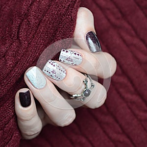 White wine plum manicure with geometric design