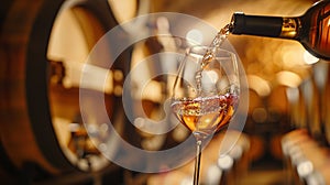 white wine pouring from bottle into glass with old wooden barrel as background