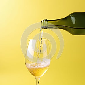 White wine pouring to glass from bottle on yellow background, created using generative ai technology