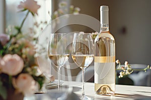 White wine on served table, flowers on blurred background. Family dinner, friends celebrating, togetherness, company gathering at