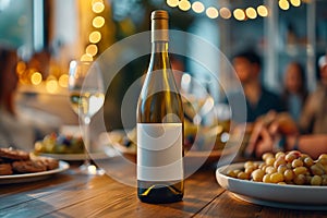 White wine on served table, people on blurred background. Family dinner, friends celebrating, togetherness, company gathered at