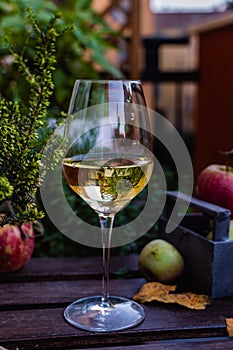 White wine or sider glass on rustic wooden table