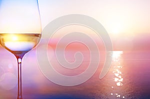 White Wine On the Summer Sunset Sea Background