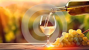 White Wine Tasting in a Vineyard at Sunset. Pouring an alcoholic drink into a glass against sunlit nature background