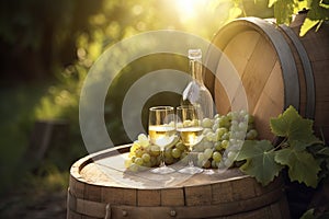 White wine in a vineyard, on a old wooden barrel. Sunlight Summer Background