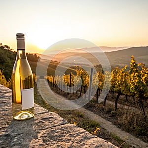 White wine in vineyard at sunset