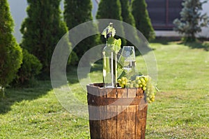White wine on wooden vintage barrel
