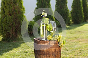 White wine on wooden vintage barrel