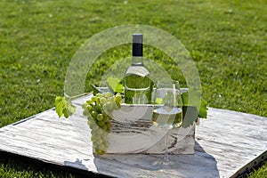 White wine on wooden white vintage table photo