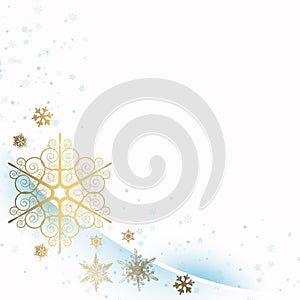 White winter and Christmas background with golden snow flakes and blue modern curves