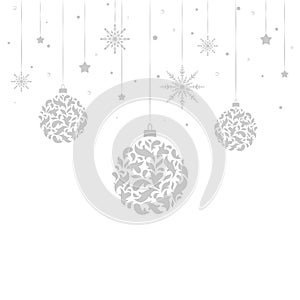 White winter Christmas vertical background with silver grey border of snowflakes, stars, toys and ribbons