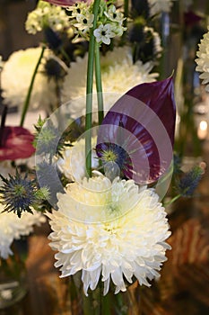 White winter flower dream with Chrysanthemum, Anturia, Fern, Thistle, beautiful Flower Arrangement