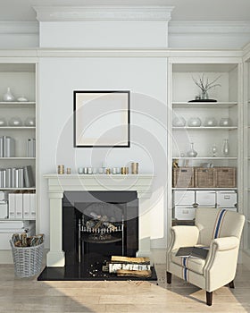 White winter interior,fireplace, books. 3d render