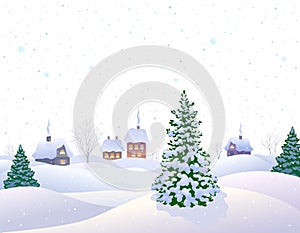 White winter landscape with a snow covered village