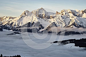 White winter mountain misty morning view