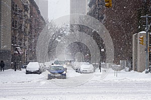 White winter snow fall day in the big apple new york city manhattan buildings streets and walkways