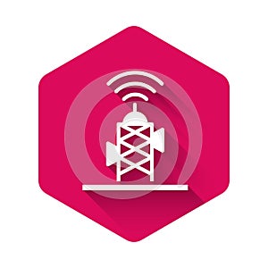 White Wireless antenna icon isolated with long shadow. Technology and network signal radio antenna. Pink hexagon button